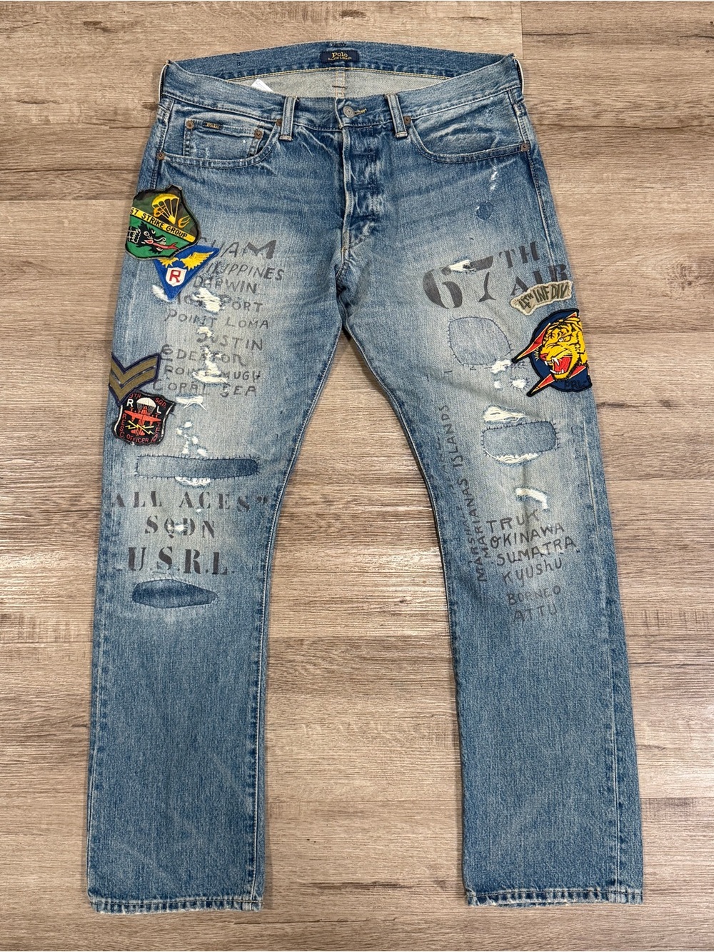 Polo Ralph Lauren Jeans 33x30 Military Tiger Varick Slim Distressed Patchwork